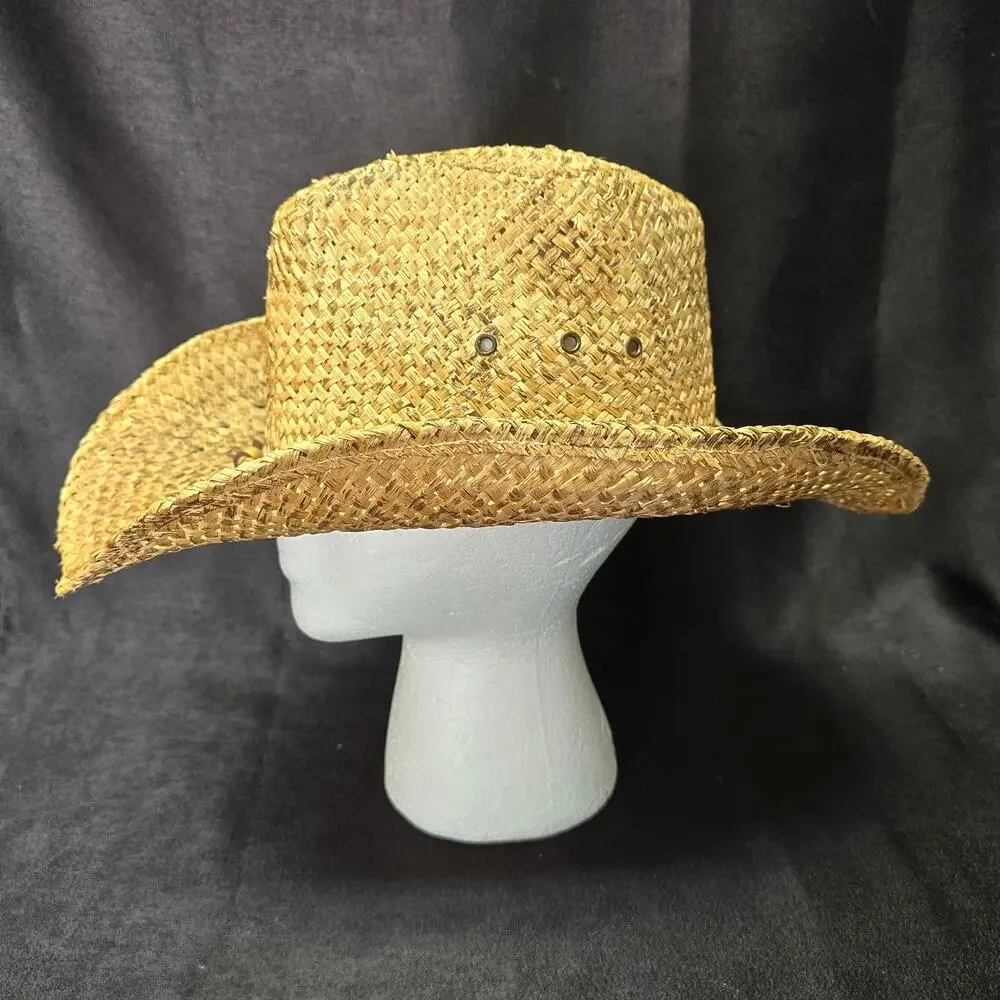 Bio Domes Headgear Tan Straw Wide Brim Cowboy Hat Beaded Country Decor One Size